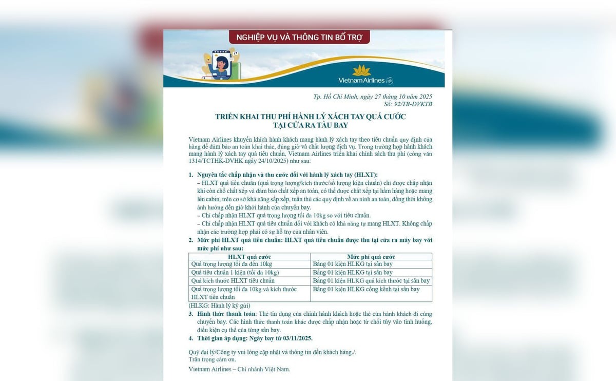 Vietnam Airlines thu phí hành lý quá cước